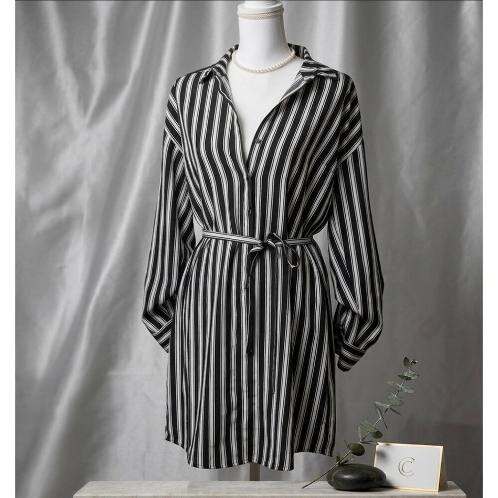 Express Black & White Striped Button-Up Belted Shirt Dress Long Sleeve Womens Si